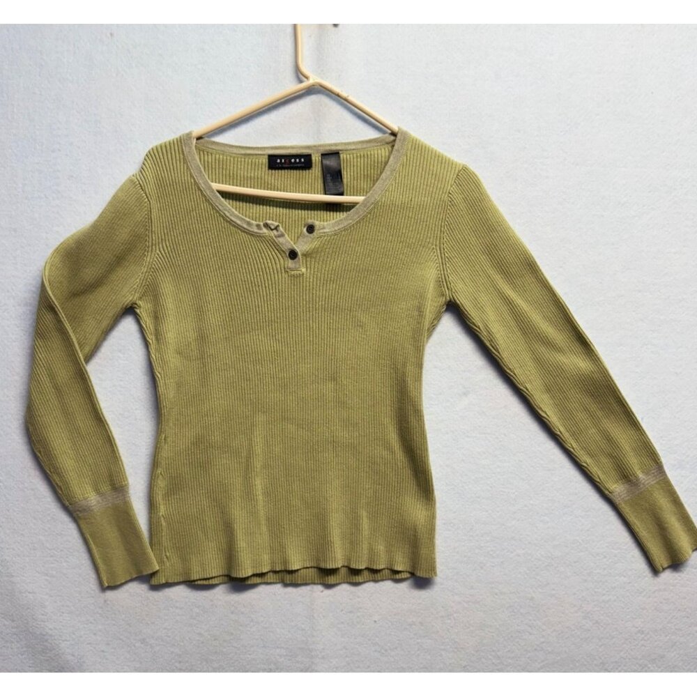 Liz Claiborne Axcess Green Ribbed Henley Long Sleeve Top Womens Size L